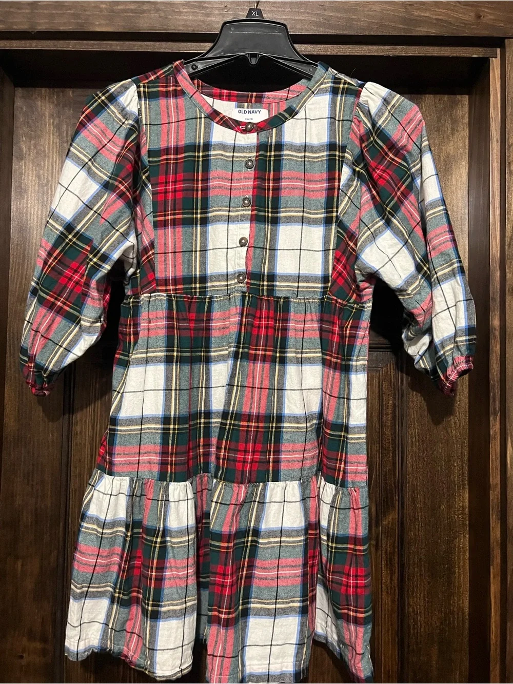 Old Navy Red, Green & White Plaid Tiered Button-Front Dress